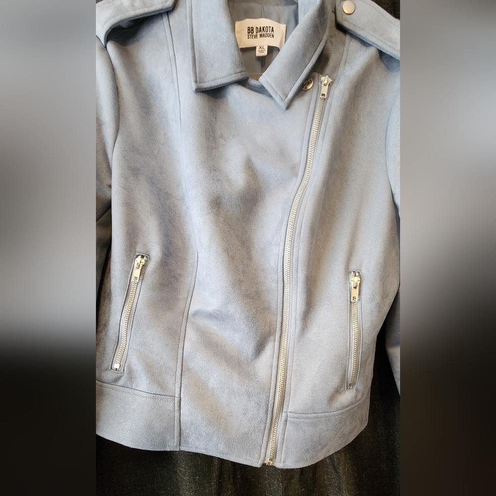 BB Dakota x Steve Madden Faux Suede Moto Jacket Women’s XL Light Blue Zip Front - Picture 5 of 8